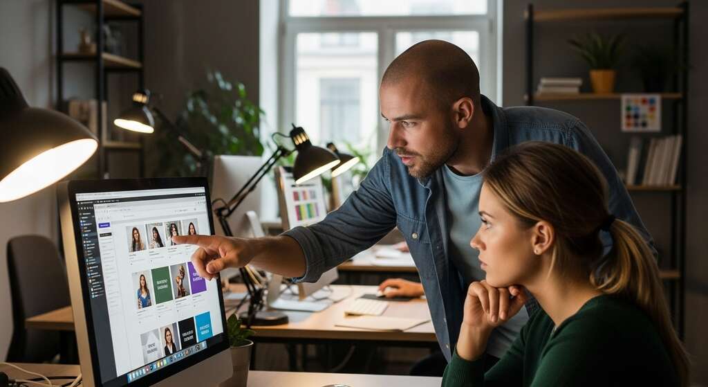 Designers colaborando em frente a um monitor discutindo layout e usabilidade para aumentar o engajamento no site
