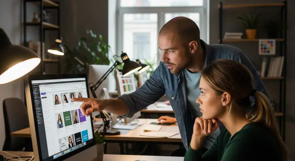 Designers colaborando em frente a um monitor discutindo layout e usabilidade para aumentar o engajamento no site