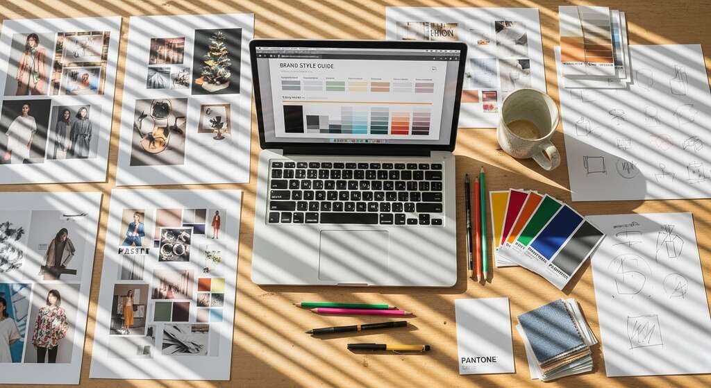 Mesa de trabalho com moodboards, logotipos e guias de estilo mostrando o processo de construção da identidade visual de uma marca