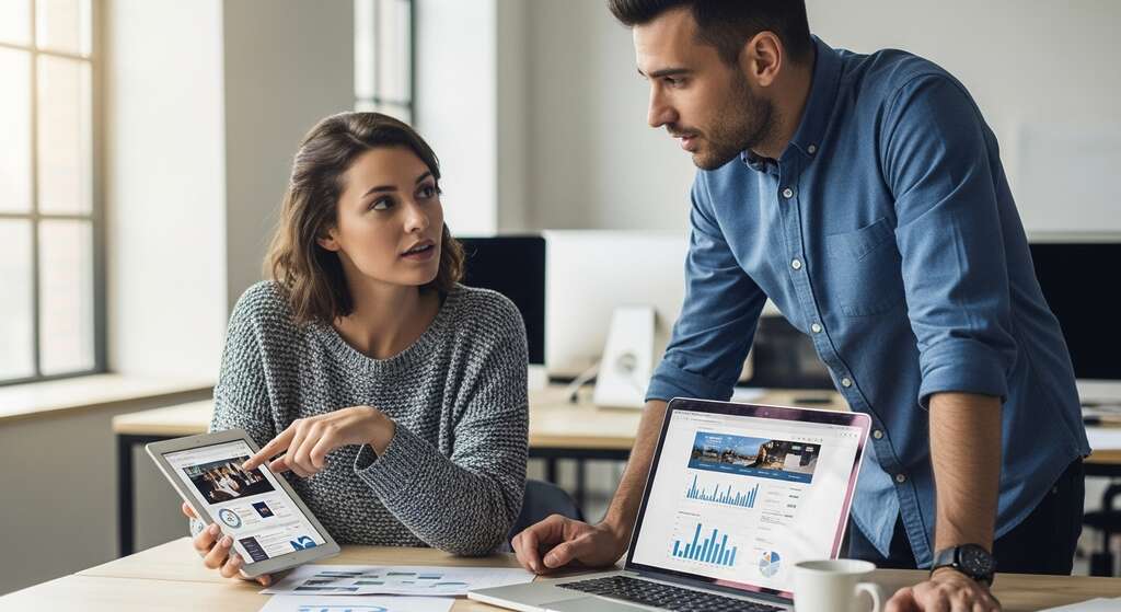 Designer atualizando site em laptop com anotações e tarefas de manutenção sobre SEO e layout em um ambiente de trabalho realista