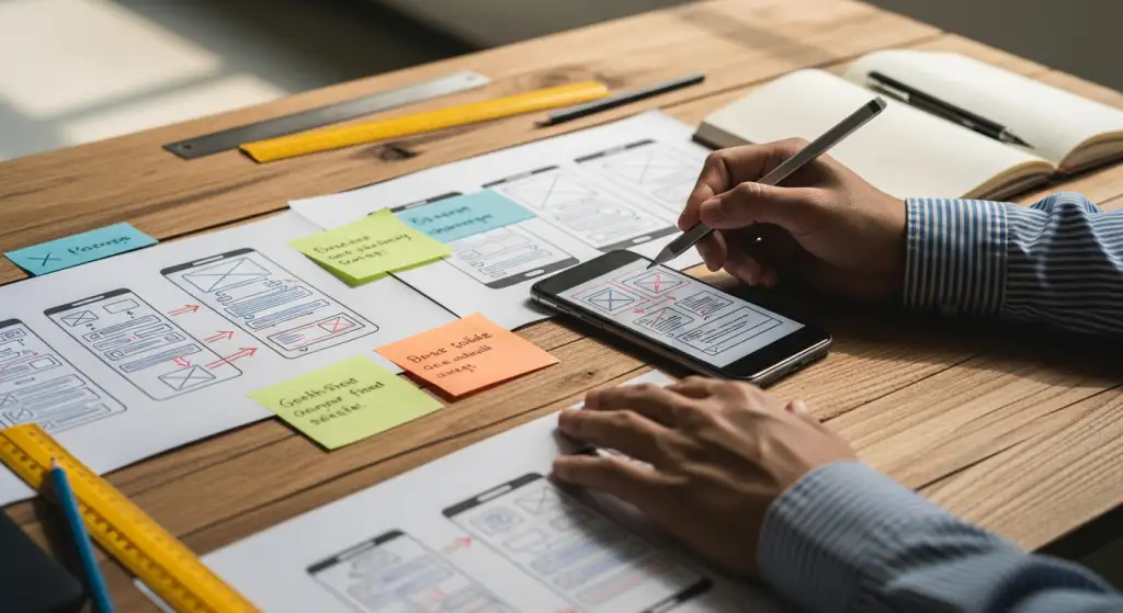 Mesa de UX designer com wireframes, protótipos e anotações mostrando o processo de otimização da experiência do usuário