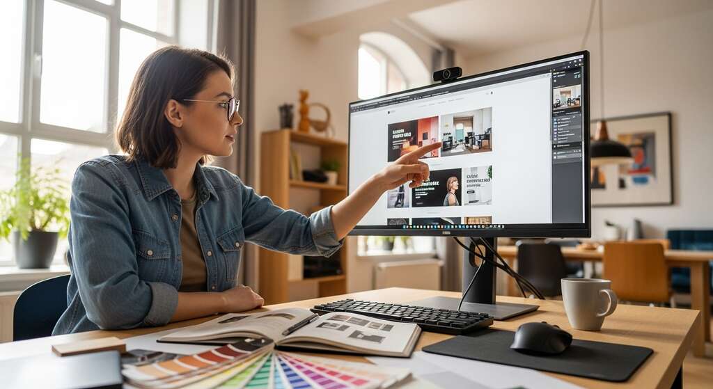 Designer apresentando layout de site profissional em estúdio moderno, representando como um site pode atrair e converter clientes