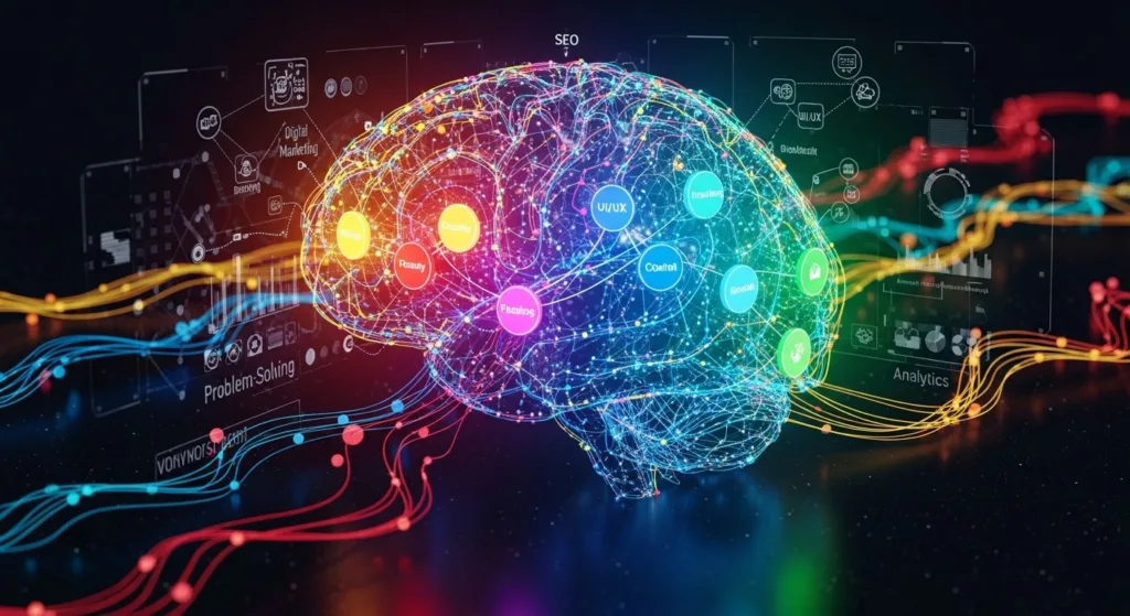 Paletas de cores complementares, layouts de site e wireframes sobre mesa de designer, representando estratégias de conversão em BH