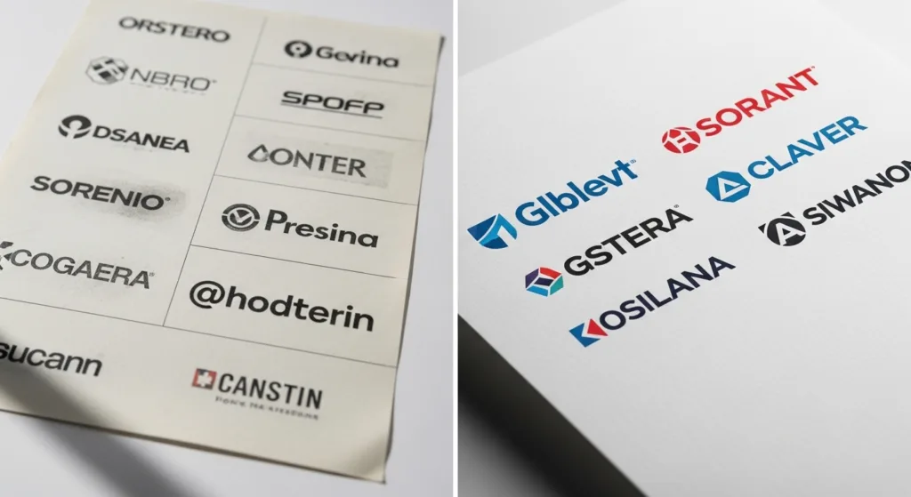 Comparação entre logotipos imperfeitos e logotipos perfeitamente impressos, em composição editorial sofisticada com iluminação natural