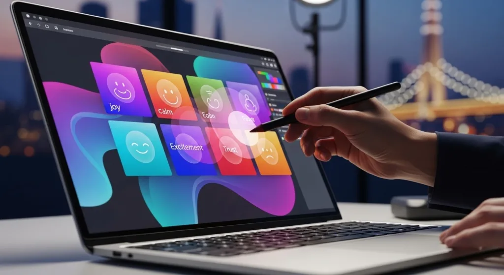 Designer analisando paletas de cores sobre layout de site em laptop, com luz natural e elementos coloridos, criando identidade visual em BH