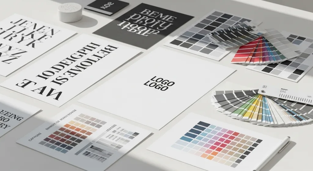 Designer explorando cores e tipografia ao redor de logotipo impresso, mesa limpa com iluminação natural e estilo editorial