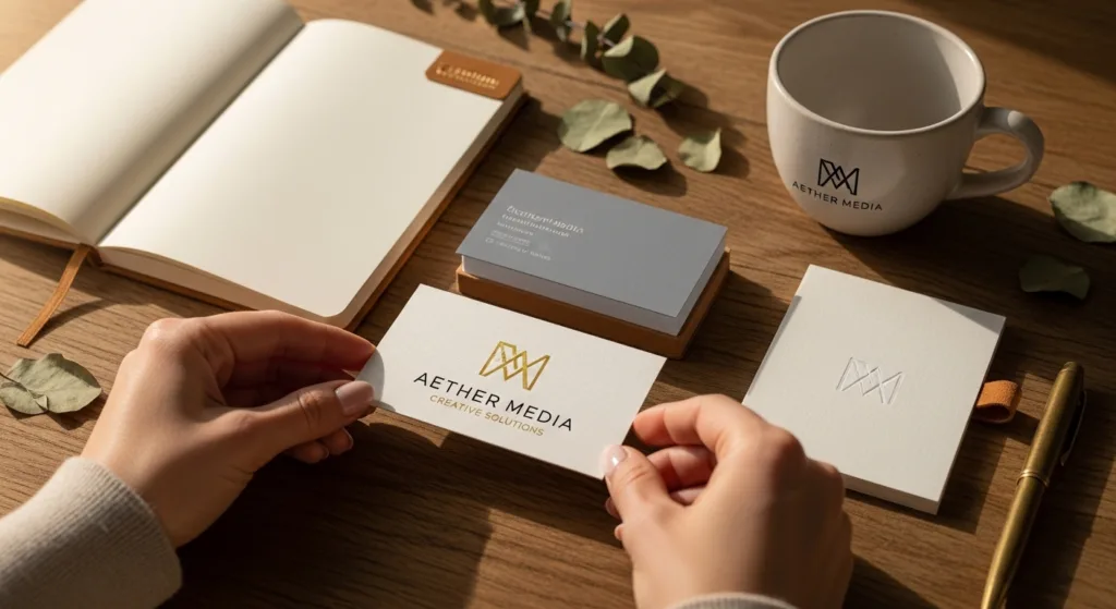 Logo aplicado em cartão de visitas, caderno e xícara, mãos organizando objetos em escritório elegante e moderno