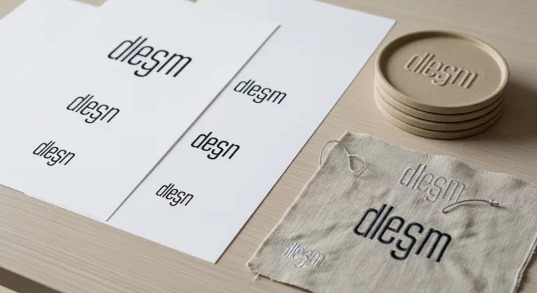 Logotipo versátil exibido em diferentes tamanhos e materiais, em estúdio de design minimalista com luz natural
