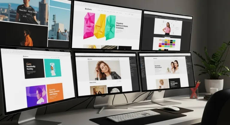 Espaço de trabalho de designer gráfico em Belo Horizonte com cores vibrantes e tipografias modernas em laptops e tablets