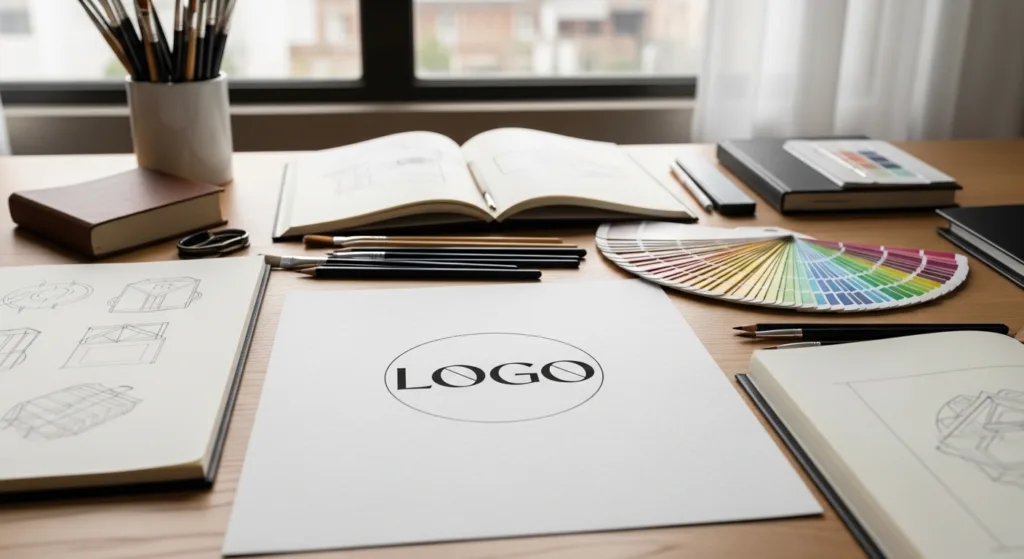 Mesa de designer com lápis, pincéis, paletas de cores, cadernos e esboço de logotipo em papel texturizado, luz natural suave