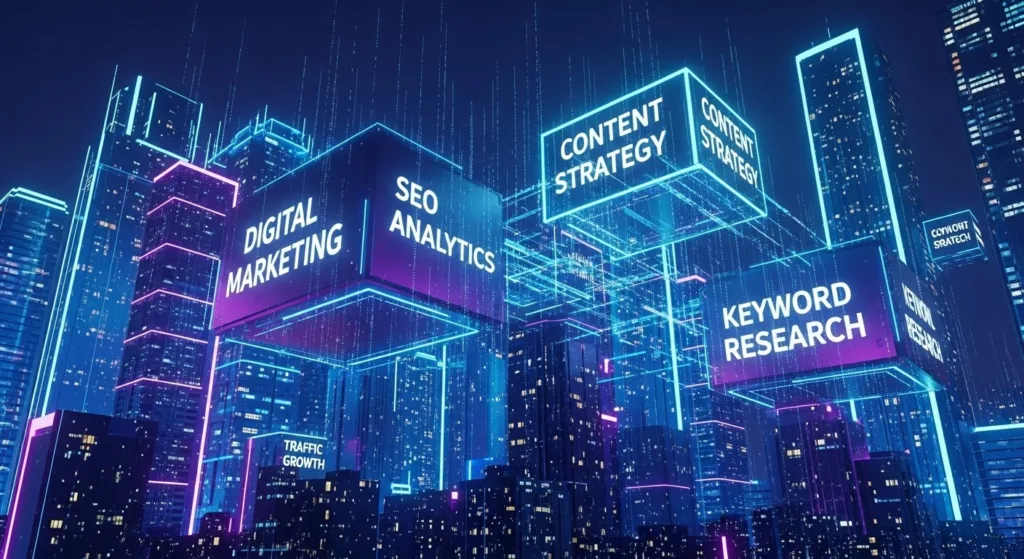 Notebook com anotações de palavras-chave para SEO, post-its coloridos e designer organizando estratégias digitais em Belo Horizonte