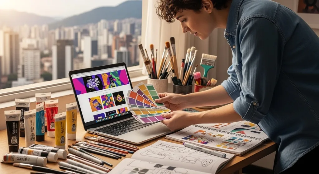 Mesa de designer com amostras de cores, gráficos de emoções e tipografias, ilustrando psicologia das cores para marketing digital em BH