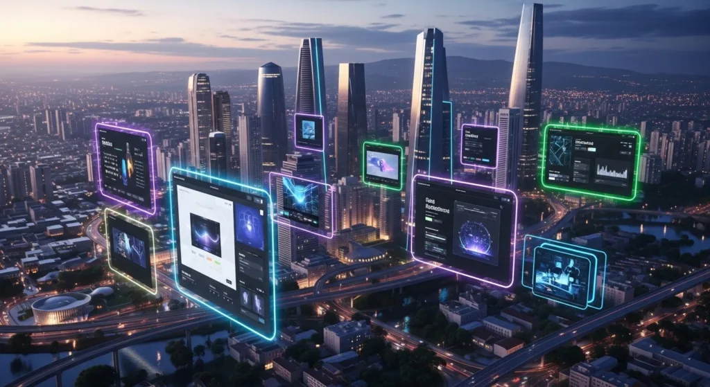 Designer apresentando layouts modernos de site em múltiplas telas, escritório minimalista em BH com cores e tipografia de tendência