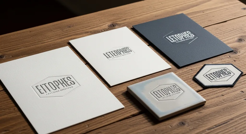 Logotipo impresso em papel, cartão e cerâmica, exibindo escalabilidade e legibilidade em diferentes tamanhos com luz suave