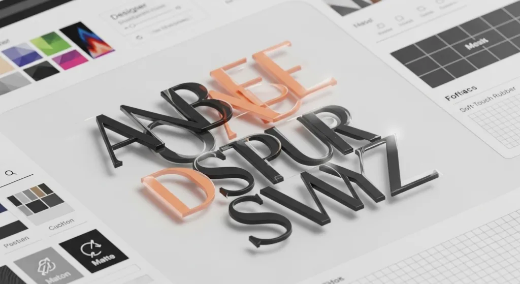 Close-up de mãos organizando fontes e tipografias em papel e computador, mostrando design legível e moderno para sites em Belo Horizonte