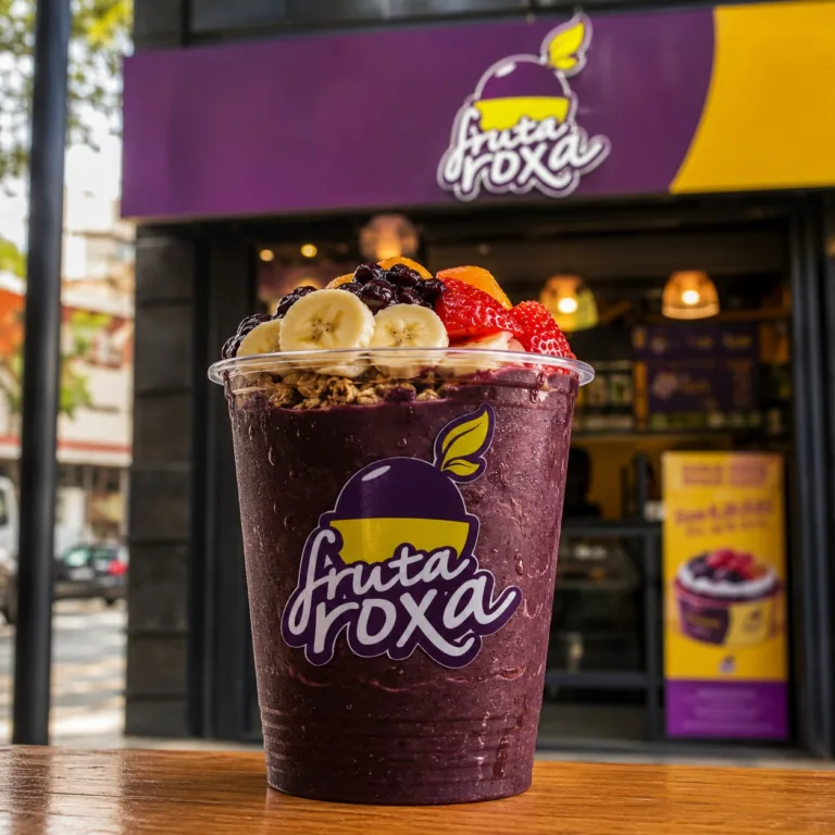 Copo de açaí com frutas e logomarca Fruta Roxa aplicado em frente à loja