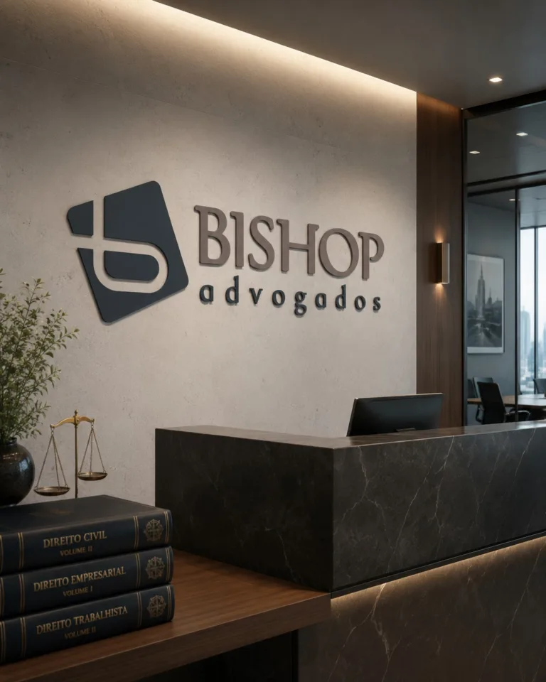 Identidade visual do escritório Bishop Advogados aplicada na parede da recepção