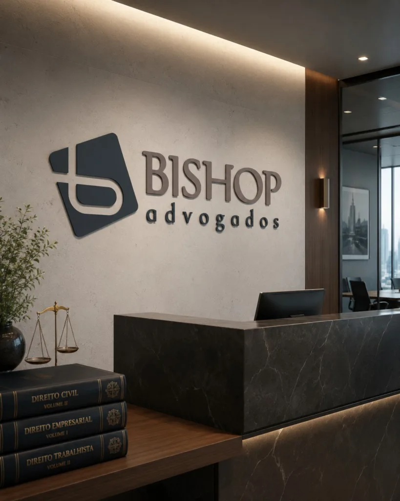 Identidade visual do escritório Bishop Advogados aplicada na parede da recepção