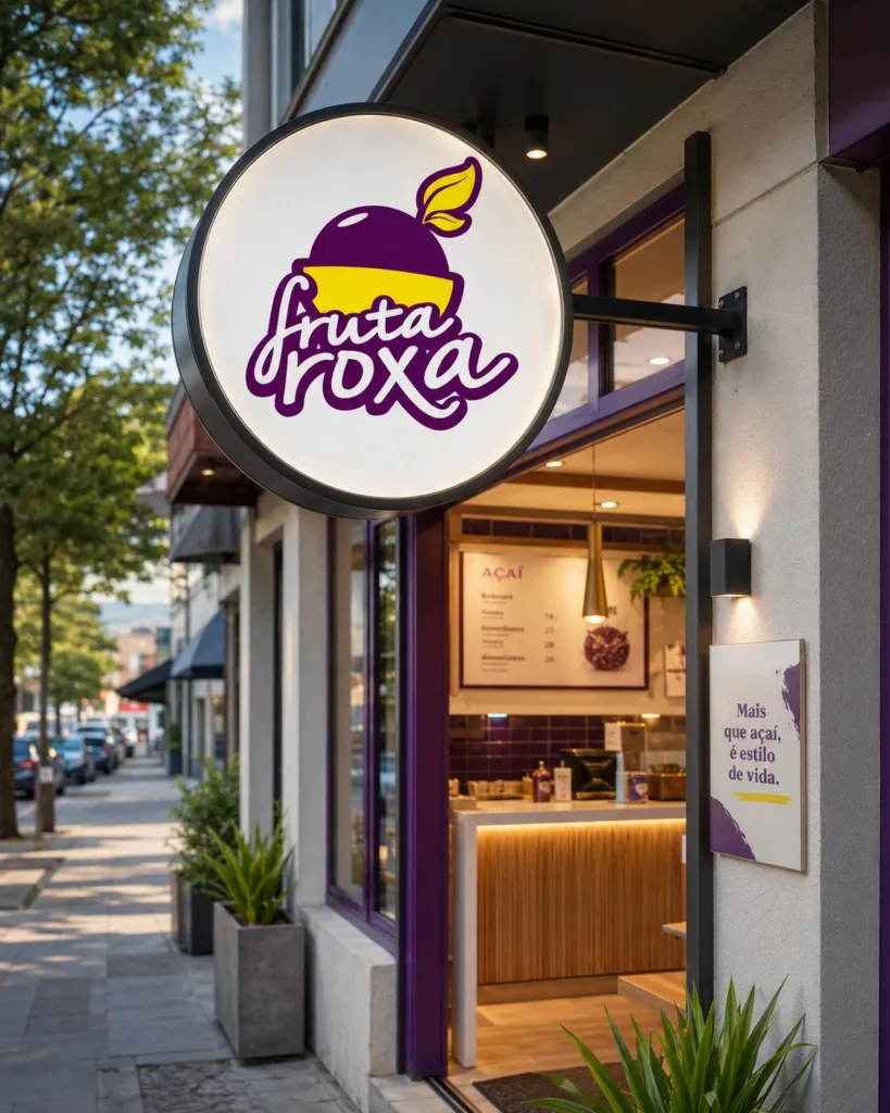 Fachada de loja de açaí Fruta Roxa com placa redonda e identidade visual em roxo e amarelo