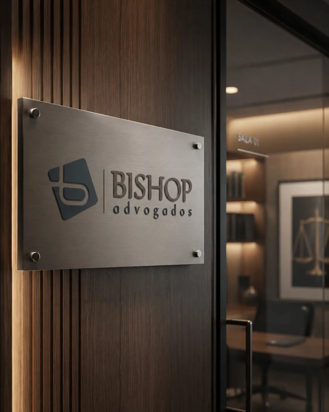 Placa metálica com a logomarca Bishop Advogados na entrada do escritório