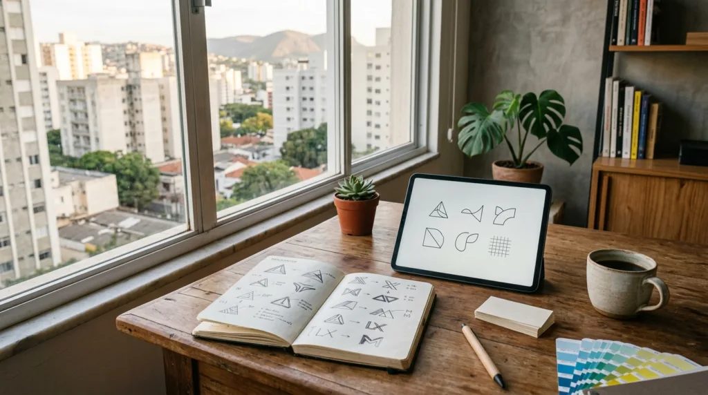 Mesa de trabalho com referências visuais para criação de logomarca em BH