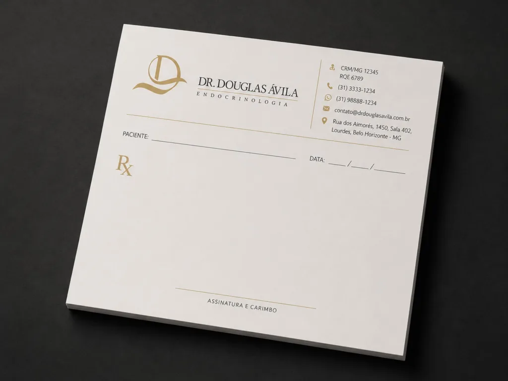 Receituário personalizado em branco, preto e dourado para endocrinologista em Belo Horizonte