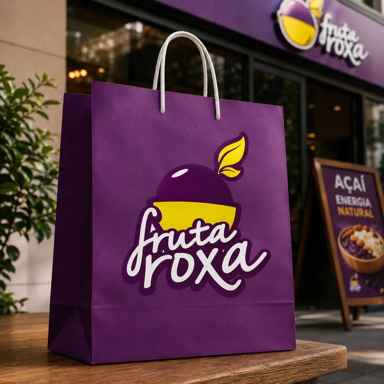 Sacola personalizada da Fruta Roxa com aplicação da identidade visual para loja de açaí