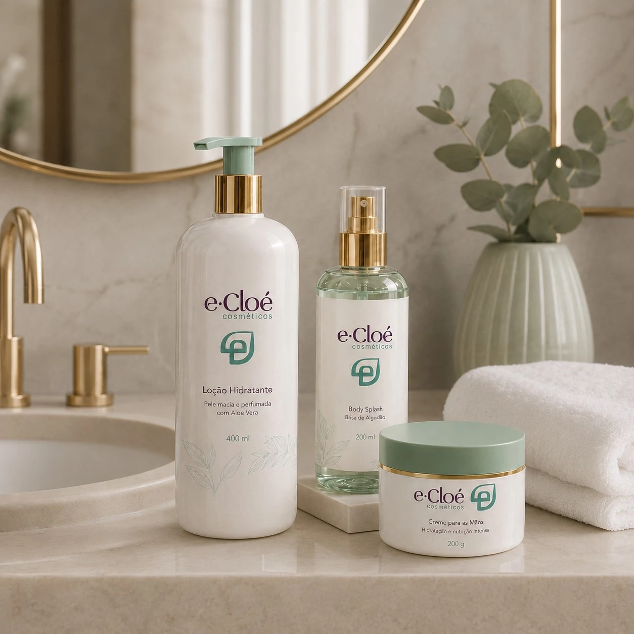 Produtos da e·Cloé Cosméticos em composição de ambiente com identidade visual aplicada às embalagens.