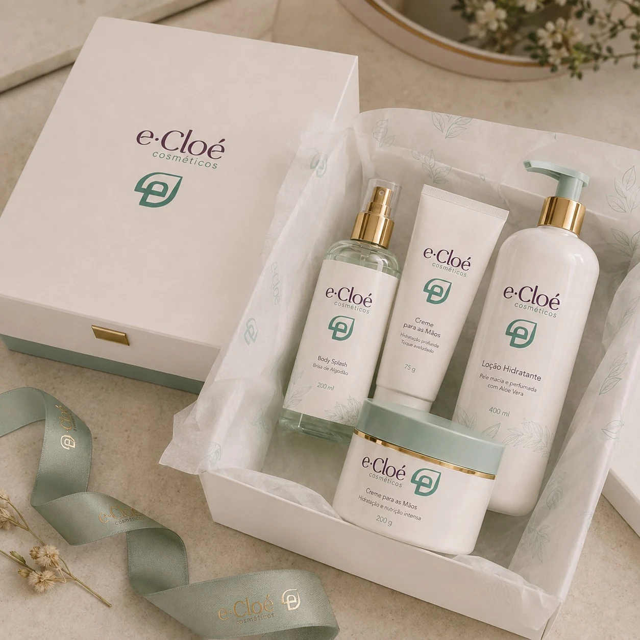 Kit da e·Cloé Cosméticos com caixa e embalagens apresentando a identidade visual da marca.