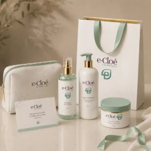 Identidade visual da e·Cloé Cosméticos aplicada em sacola, nécessaire, cartão e embalagens de produtos.