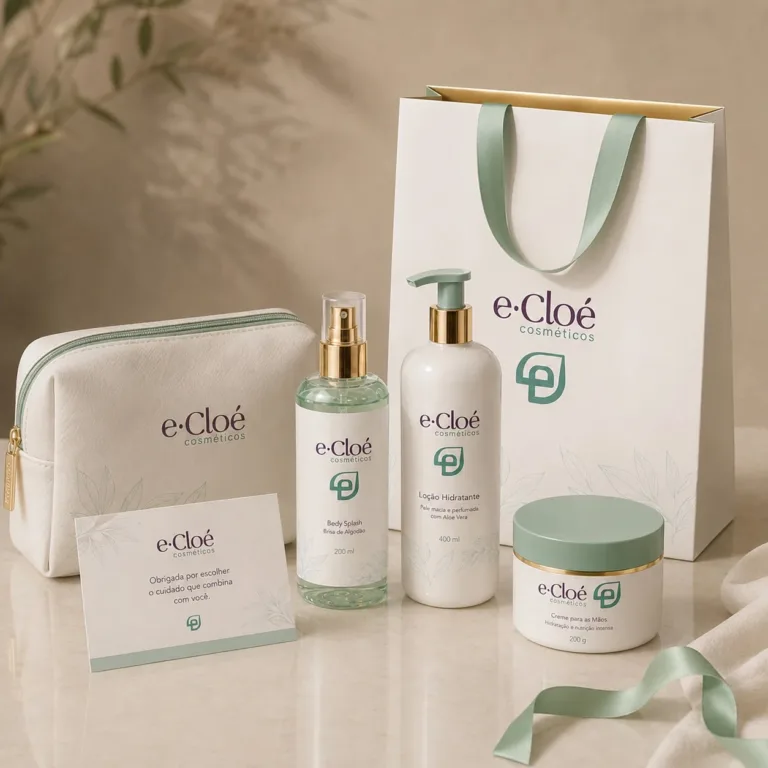 Identidade visual da e·Cloé Cosméticos aplicada em sacola, nécessaire, cartão e embalagens de produtos.