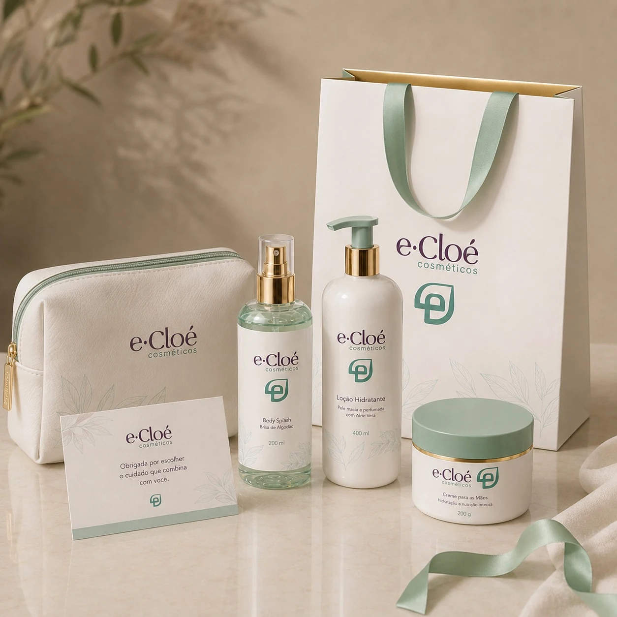 Identidade visual da e·Cloé Cosméticos aplicada em sacola, nécessaire, cartão e embalagens de produtos.