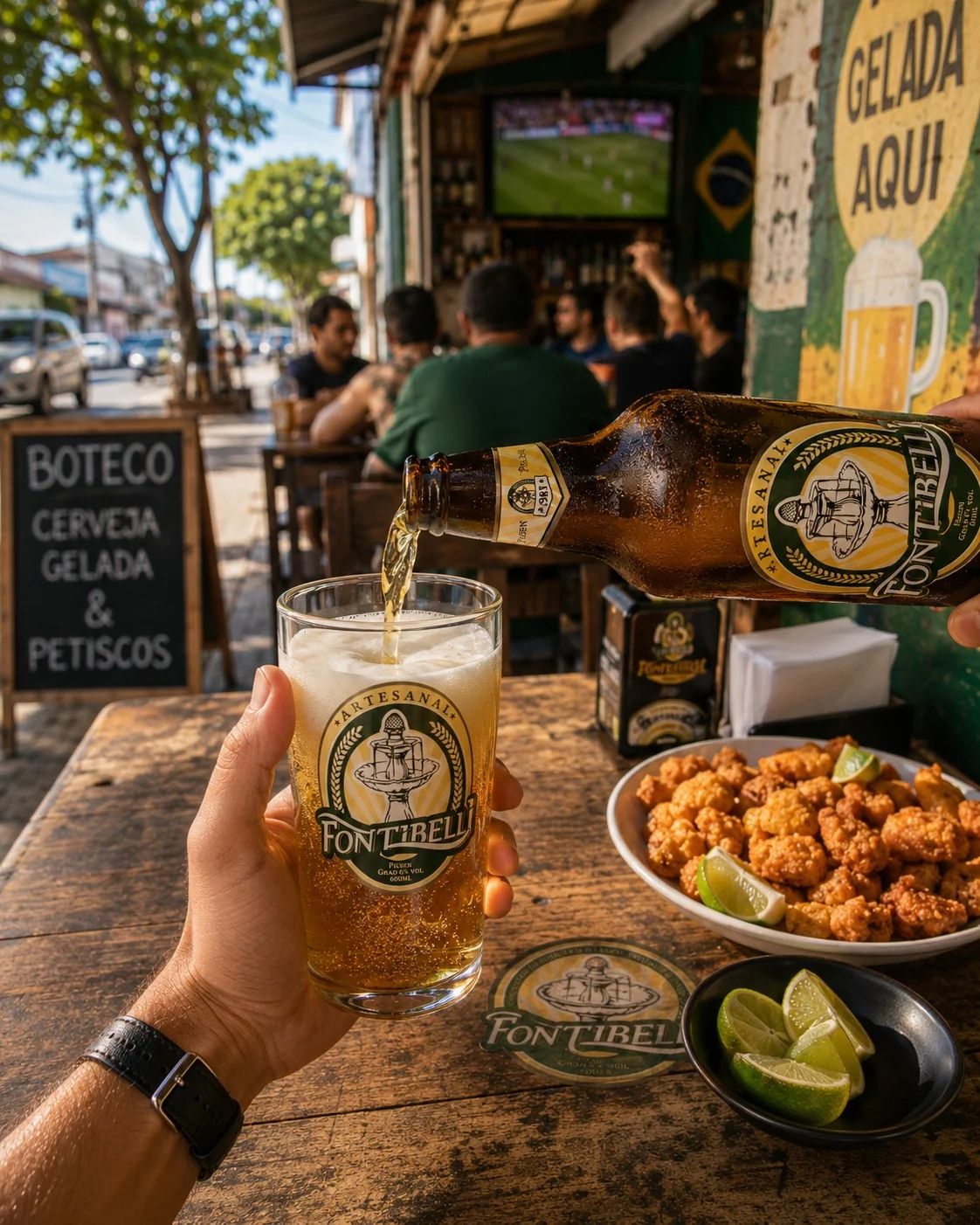 Cerveja Fontibelli sendo servida em copo com marca aplicada em ambientação conceitual.