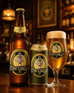 Aplicação da identidade visual Fontibelli em garrafa, lata e copo de cerveja artesanal.
