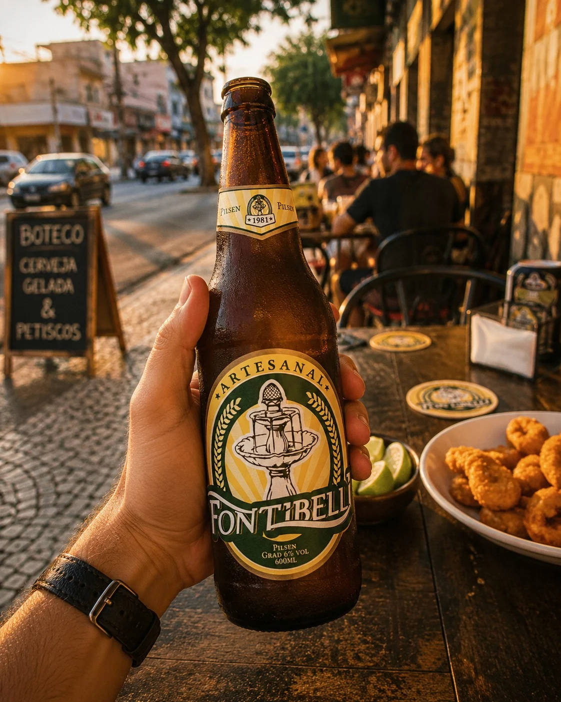 Garrafa Fontibelli com rótulo e identidade visual em destaque em ambientação conceitual.