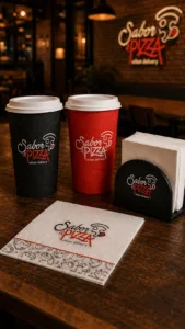 Identidade visual Sabor & Pizza aplicada em copos, guardanapos e suporte de mesa em ambiente de apresentação.