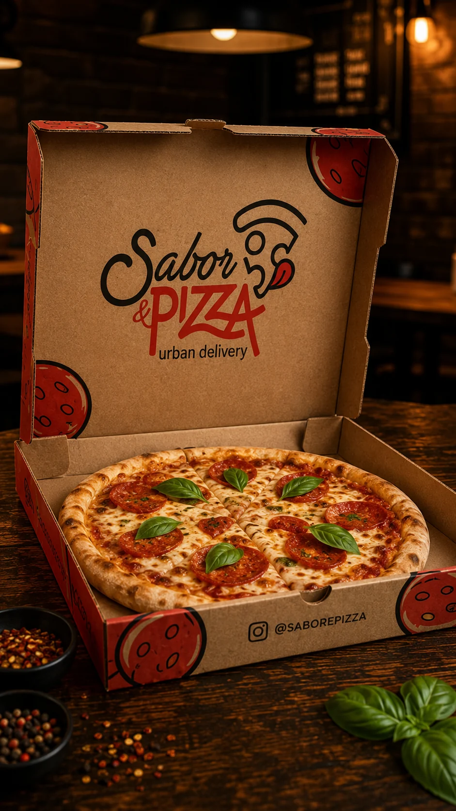 Caixa de pizza aberta com aplicação da identidade visual Sabor & Pizza e pizza em destaque.