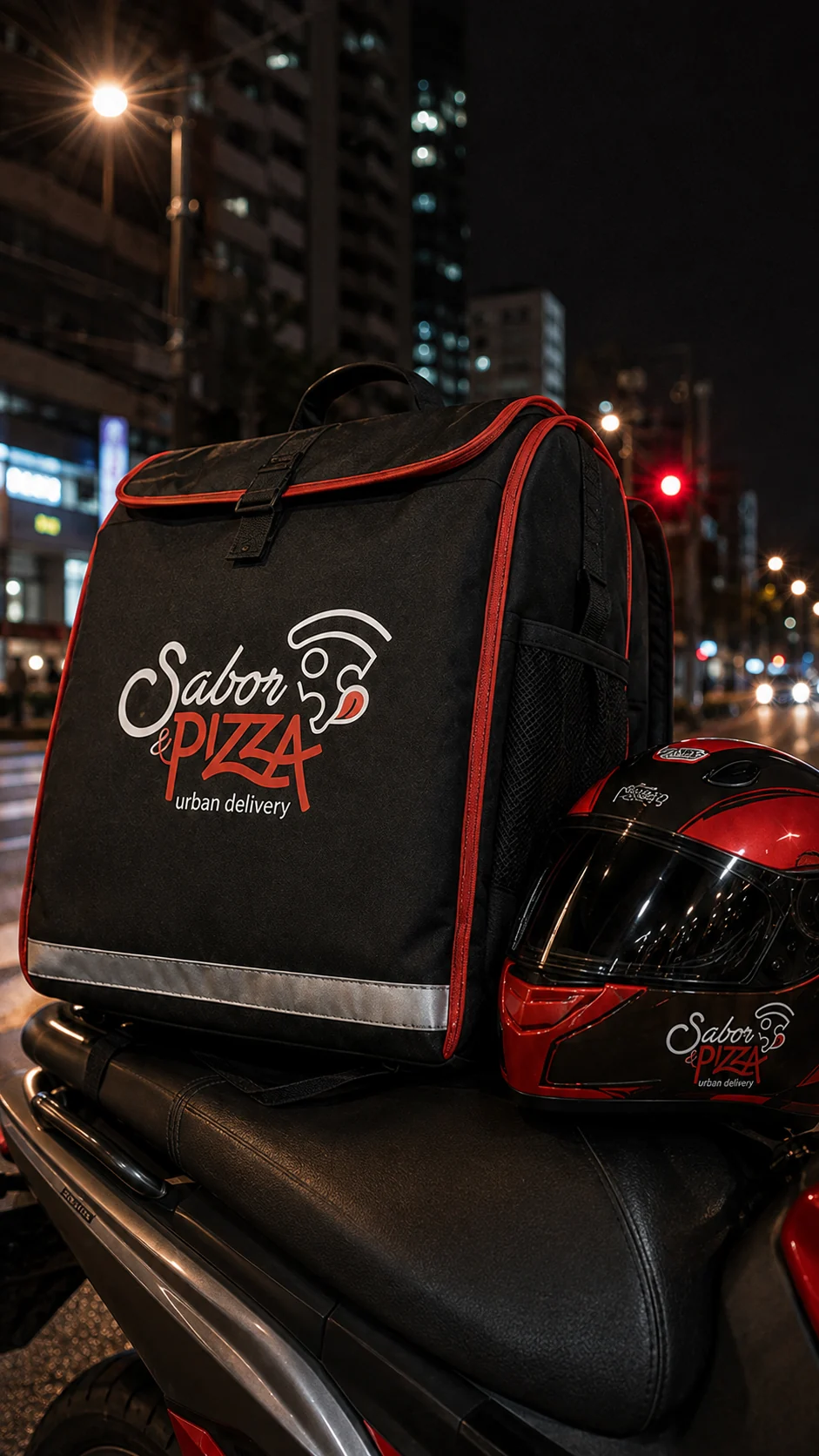 Marca Sabor & Pizza aplicada em bag de delivery e capacete nas cores preta e vermelha.