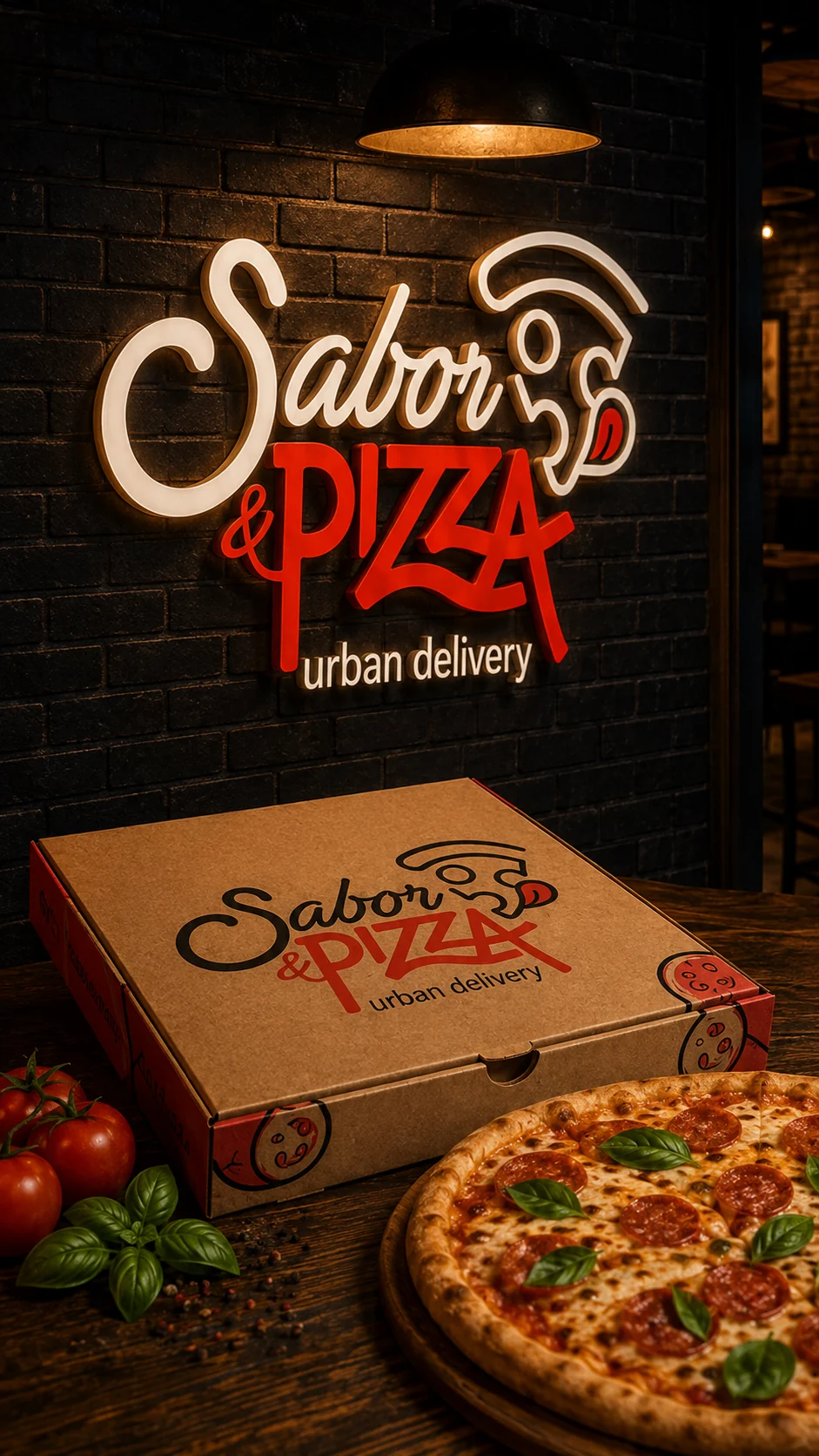 Aplicação da logomarca Sabor & Pizza em sinalização de parede e caixa de pizza, com pizza em primeiro plano.