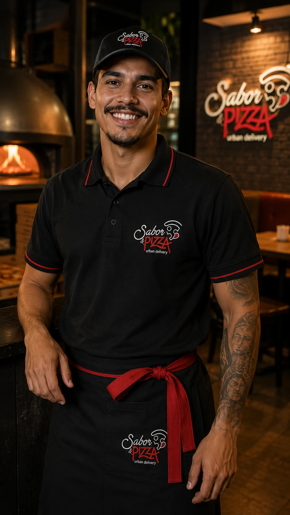 Aplicação da marca Sabor & Pizza em boné, camisa polo e avental de uniforme.