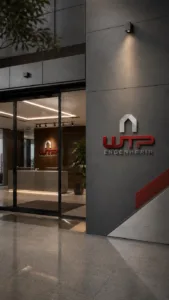 Aplicação conceitual da identidade visual da WTP Engenharia na entrada de um escritório