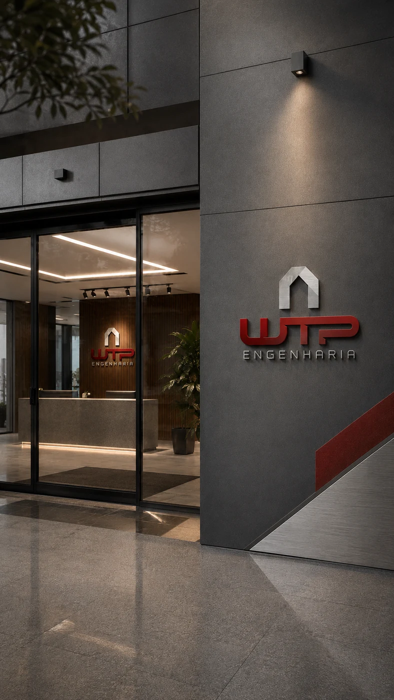 Aplicação conceitual da identidade visual da WTP Engenharia na entrada de um escritório