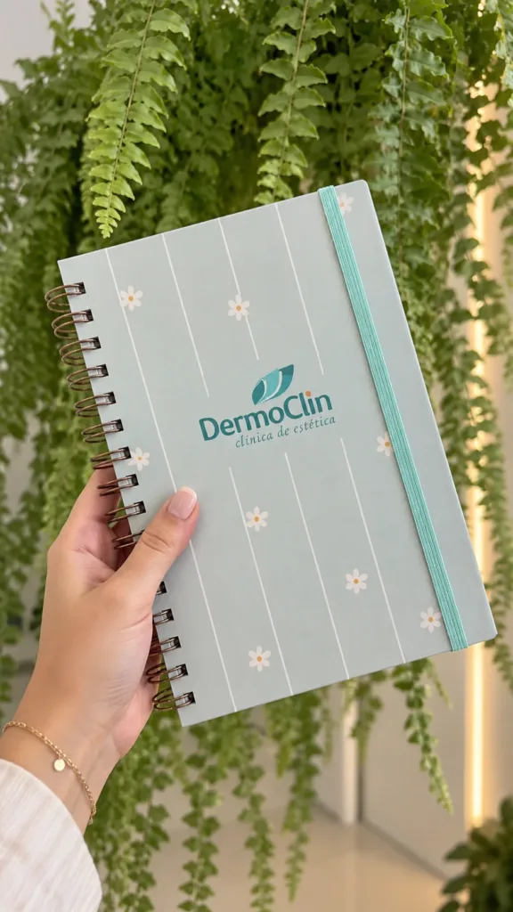 Aplicação conceitual da identidade visual DermoClin em caderno com capa verde clara