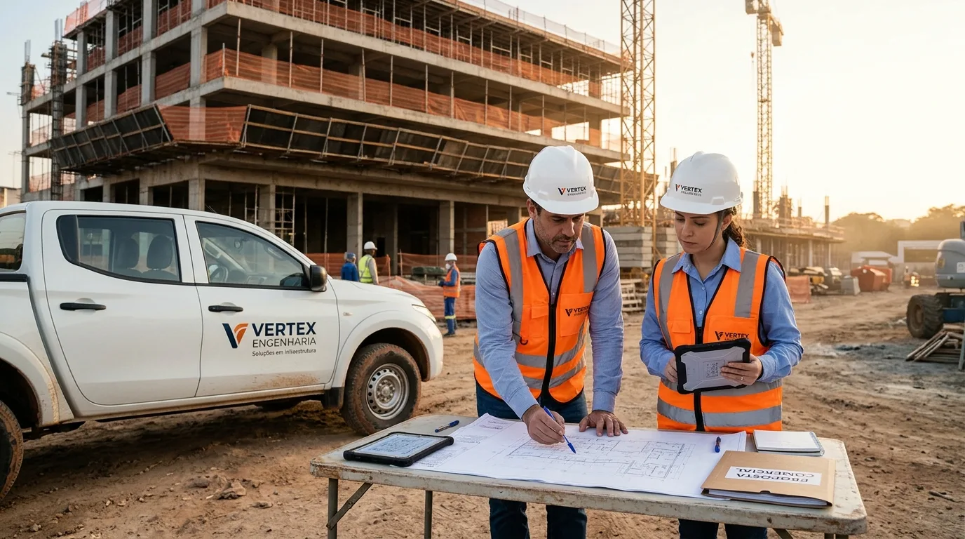 Equipe de engenharia analisando projetos em um canteiro de obras, com identidade visual aplicada em veículos, uniformes e materiais corporativos.