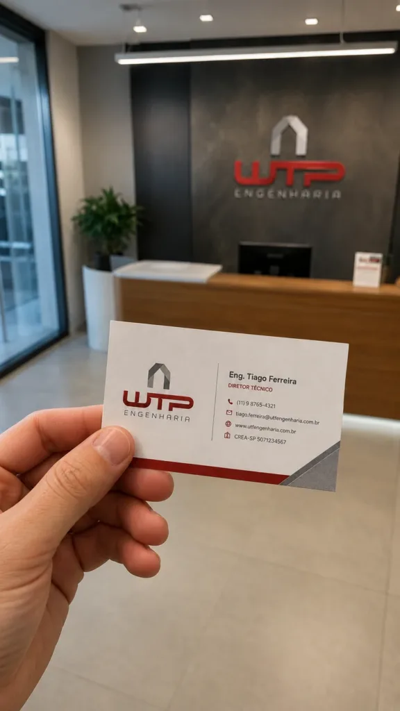 Projeto de identidade visual da WTP Engenharia com logomarca, cores institucionais e aplicações em papelaria.
