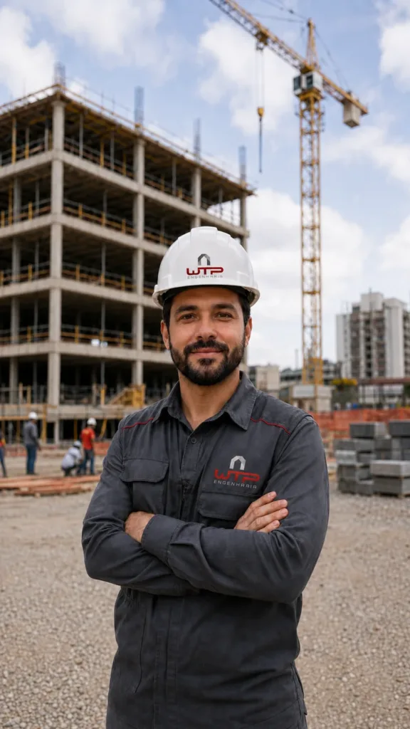 Aplicações da identidade visual da WTP Engenharia em uniformes e veículos corporativos.