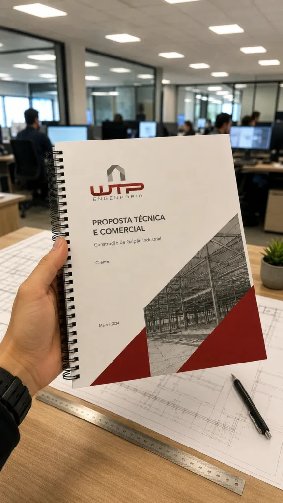 Proposta comercial de engenharia com diagramação profissional, plantas técnicas e materiais de papelaria corporativa.